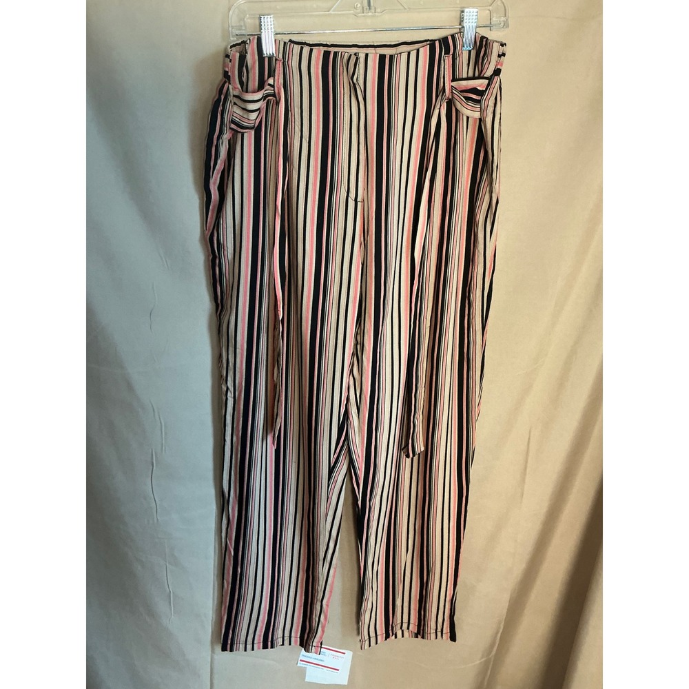 Ashley Blue Striped Wide Leg Pants Womens XL Pink Black NEW Tie Waist MG7203